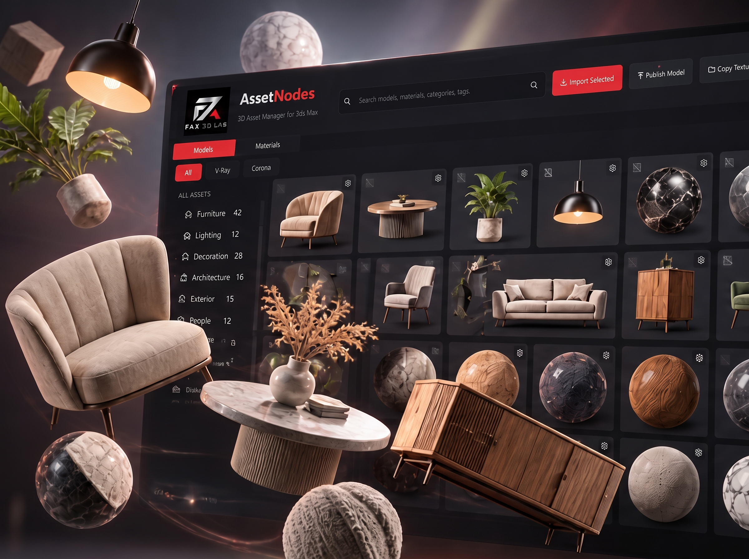 Asset Nodes interface surrounded by 3D models and material spheres
