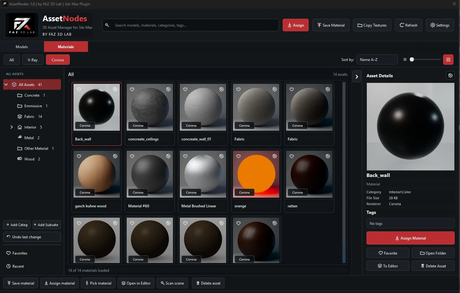Asset Nodes Corona materials interface